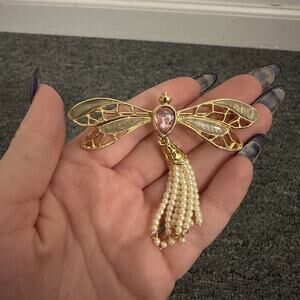 Vintage Avon Gold-Tone Dragonfly Brooch Pink Rhinestone Enamel & Pearl Tassel